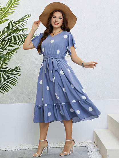 Polka Dot Belted Flutter Sleeve Ruffle Hem Dress-Angel Casuals