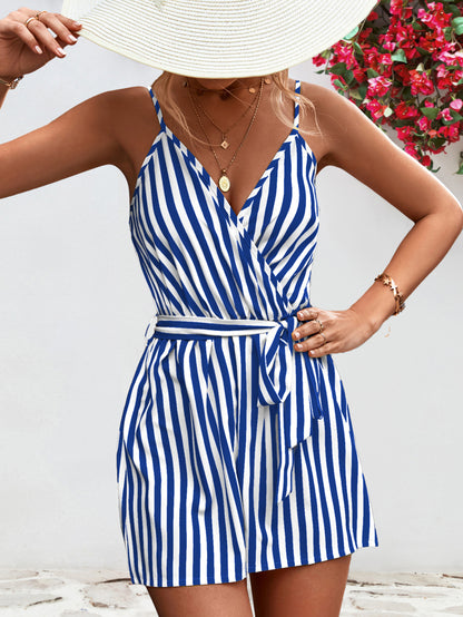 Striped Tie Waist Spaghetti Strap Romper-Angel Casuals