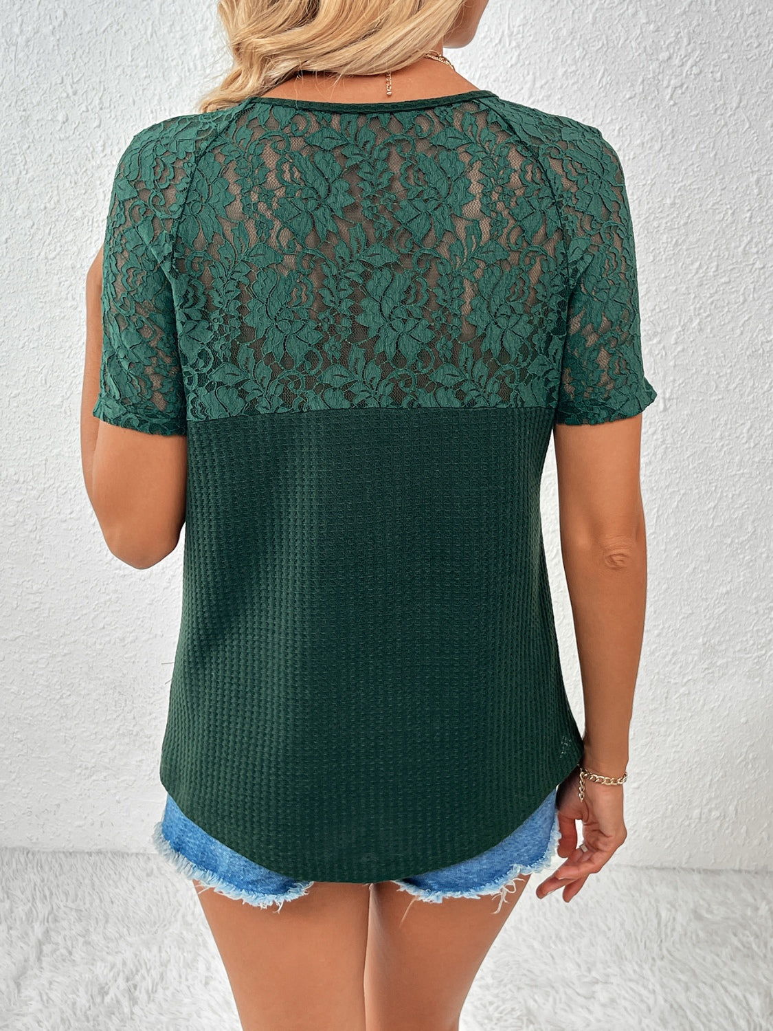 Lace Detail V-Neck Short Sleeve T-Shirt-Angel Casuals