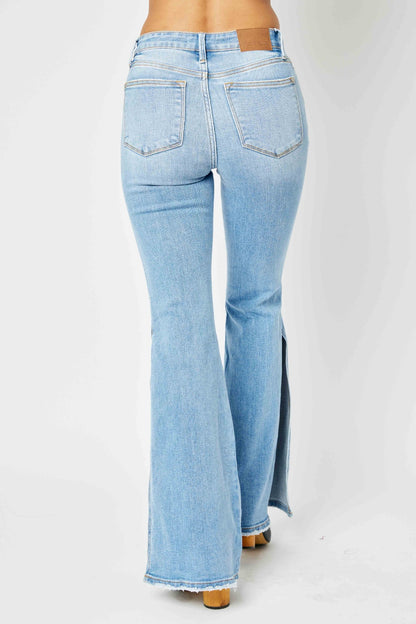 Judy Blue Full Size Mid Rise Raw Hem Slit Flare Jeans-Angel Casuals