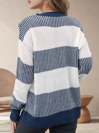 Striped Round Neck Long Sleeve Sweater-Angel Casuals