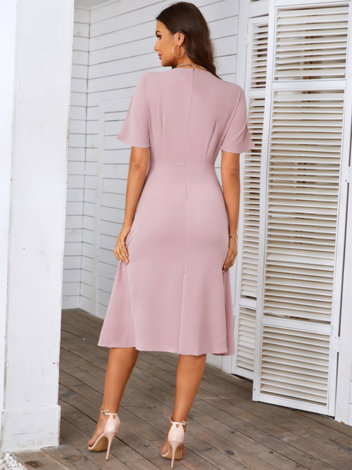 Round Neck Short Sleeve Midi Dress-Angel Casuals