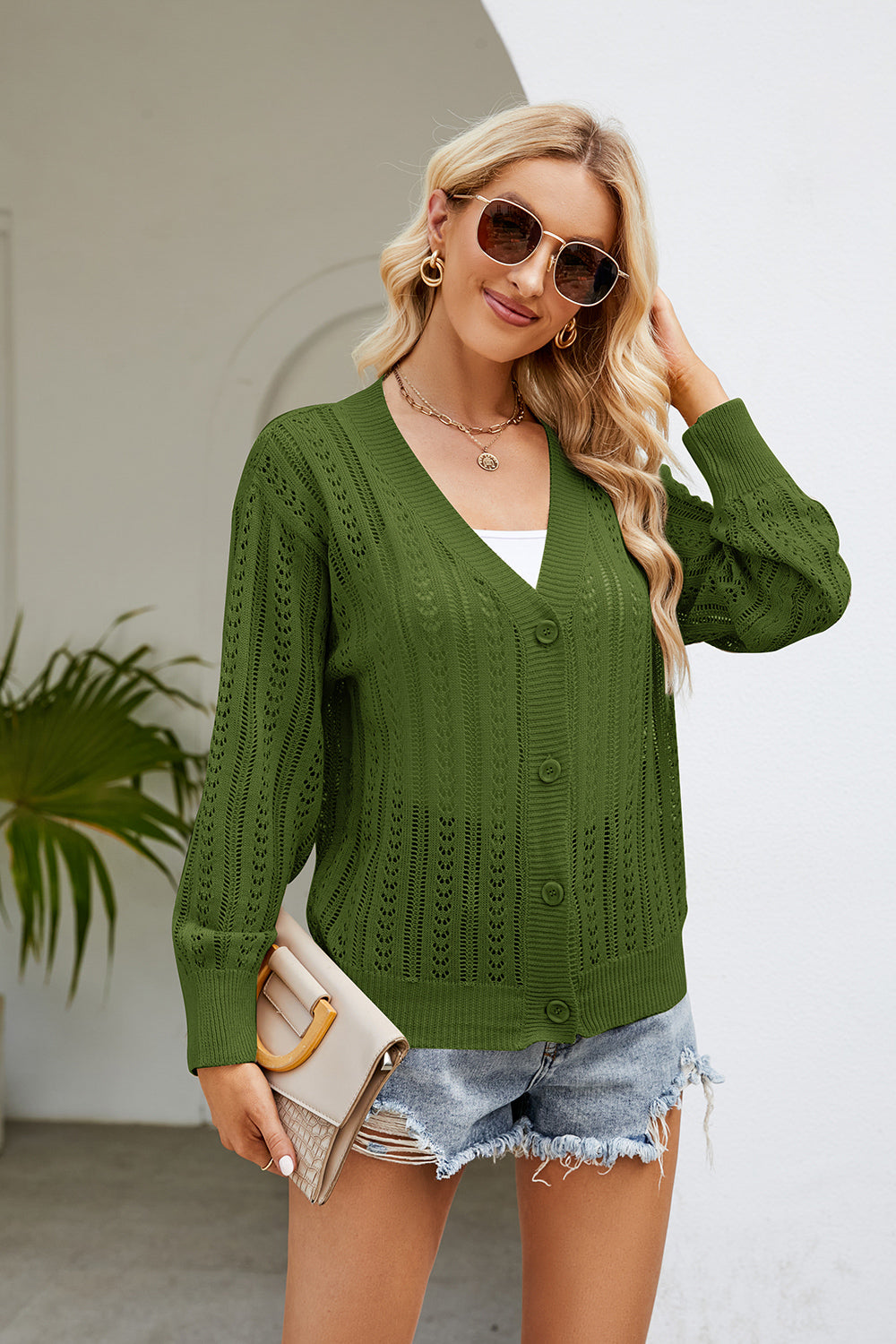 Openwork Button Front V-Neck Cardigan-Angel Casuals