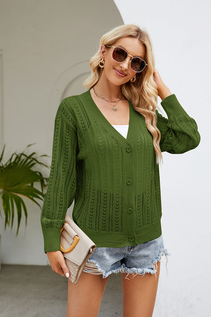 Openwork Button Front V-Neck Cardigan-Angel Casuals