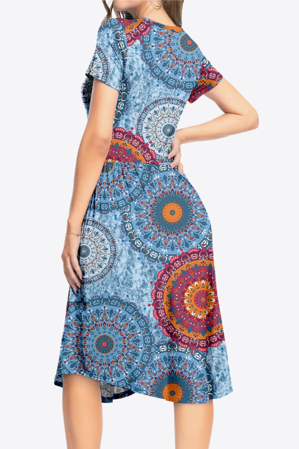 Printed Round Neck Short Sleeve Dress with Pockets-Angel Casuals