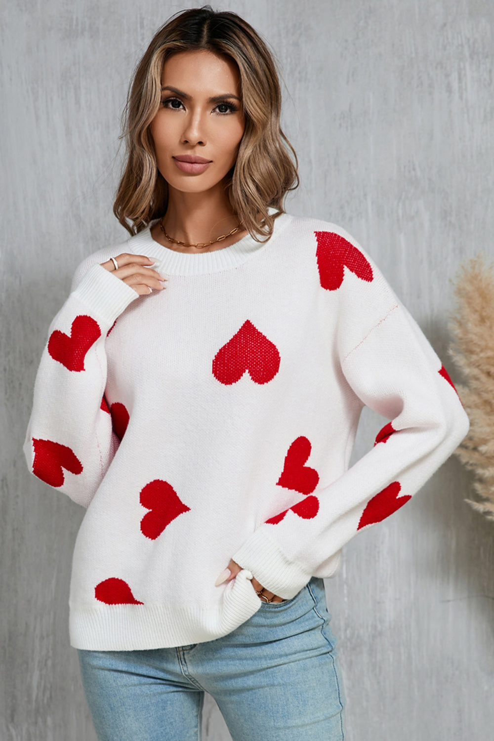 Angel Wings Heart Round Neck Dropped Shoulder Sweater-Angel Casuals