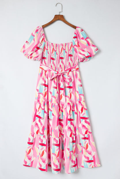 Printed Square Neck Tied Smocked Dress-Angel Casuals