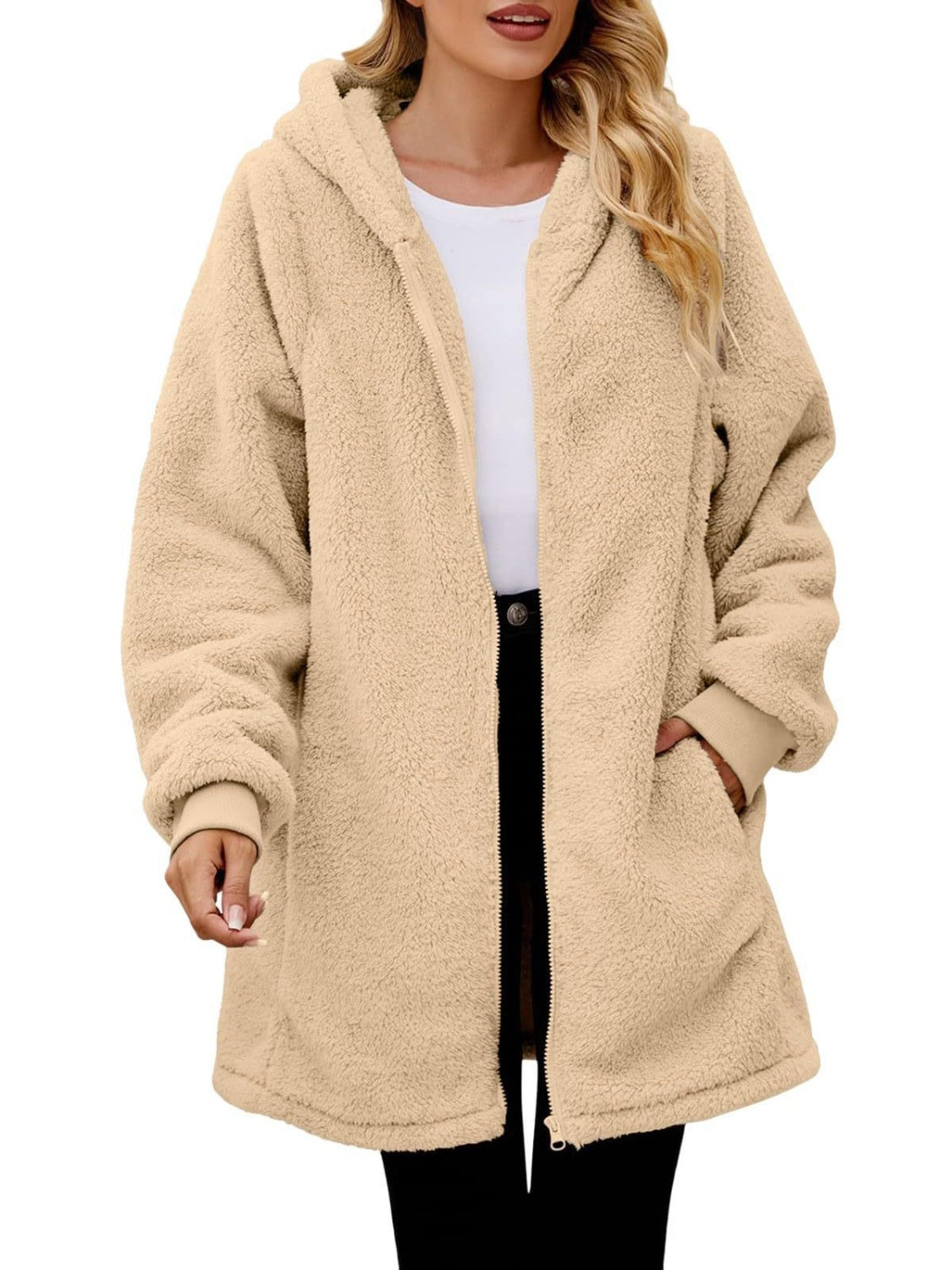 Fuzzy Pocketed Zip Up Long Sleeve Hooded Jacket-Angel Casuals