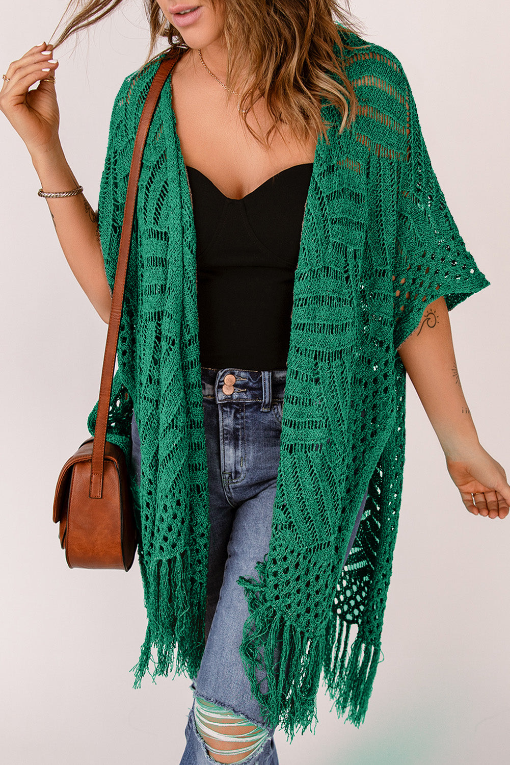 Openwork Open Front Cardigan with Fringes-Angel Casuals