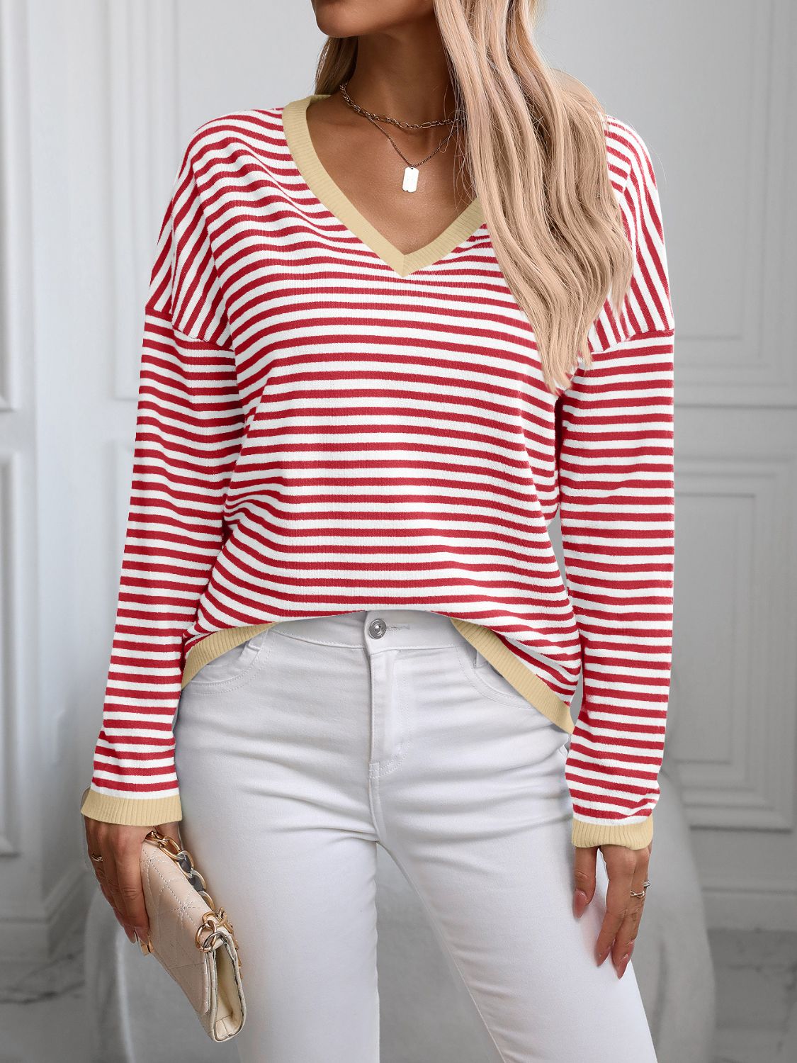 Contrast Trim Striped V-Neck Long Sleeve Knit Top-Angel Casuals