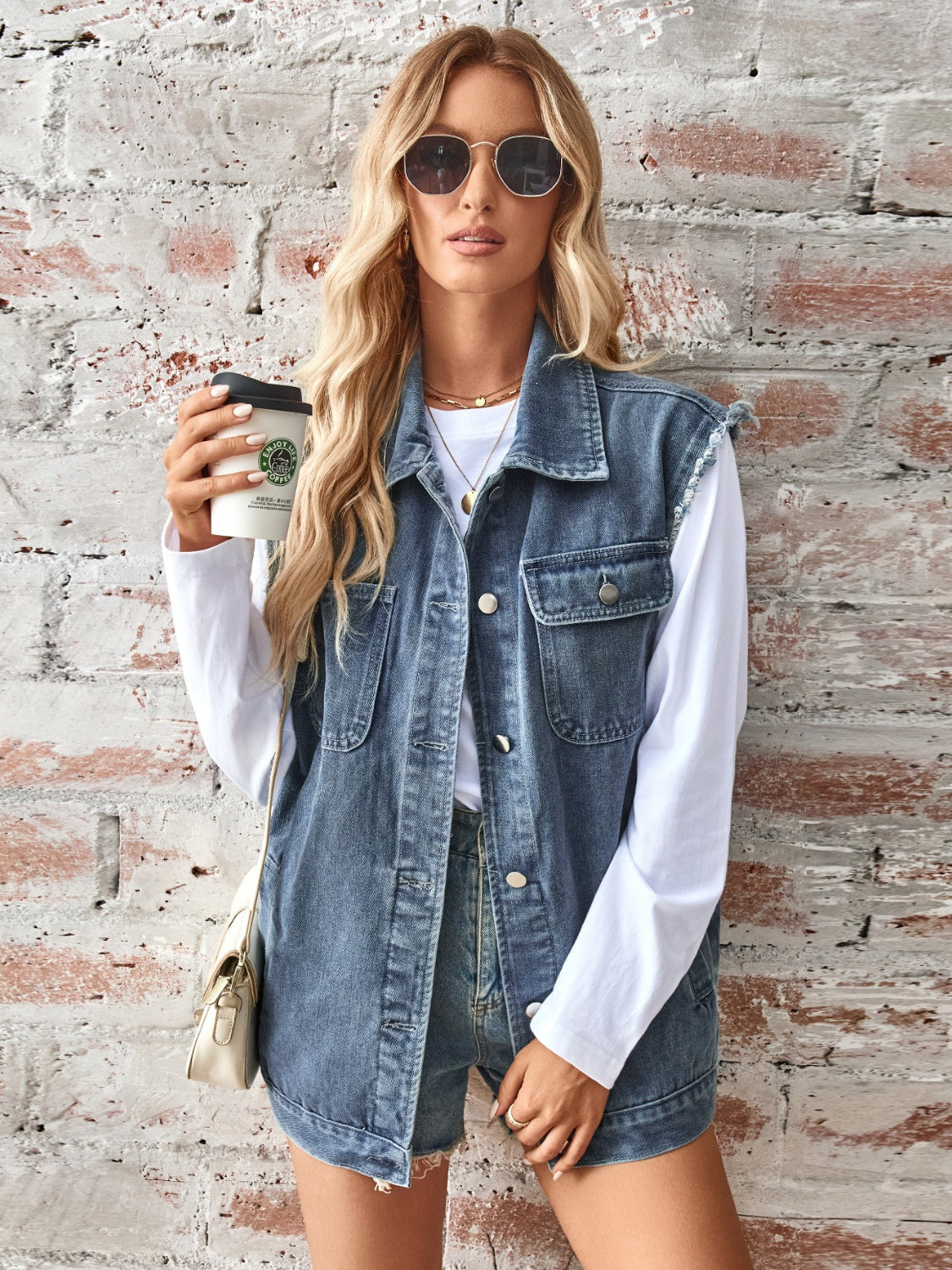 Raw Hem Sleeveless Button Up Denim Jacket-Angel Casuals