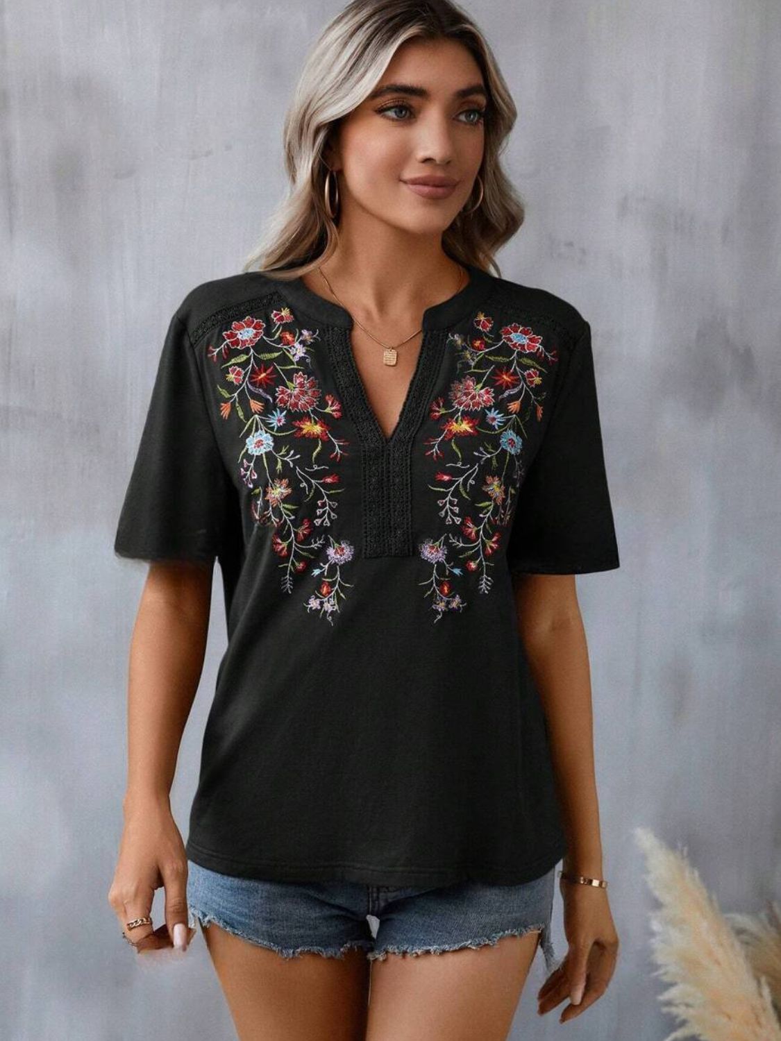 Embroidered Notched Short Sleeve T-Shirt-Angel Casuals