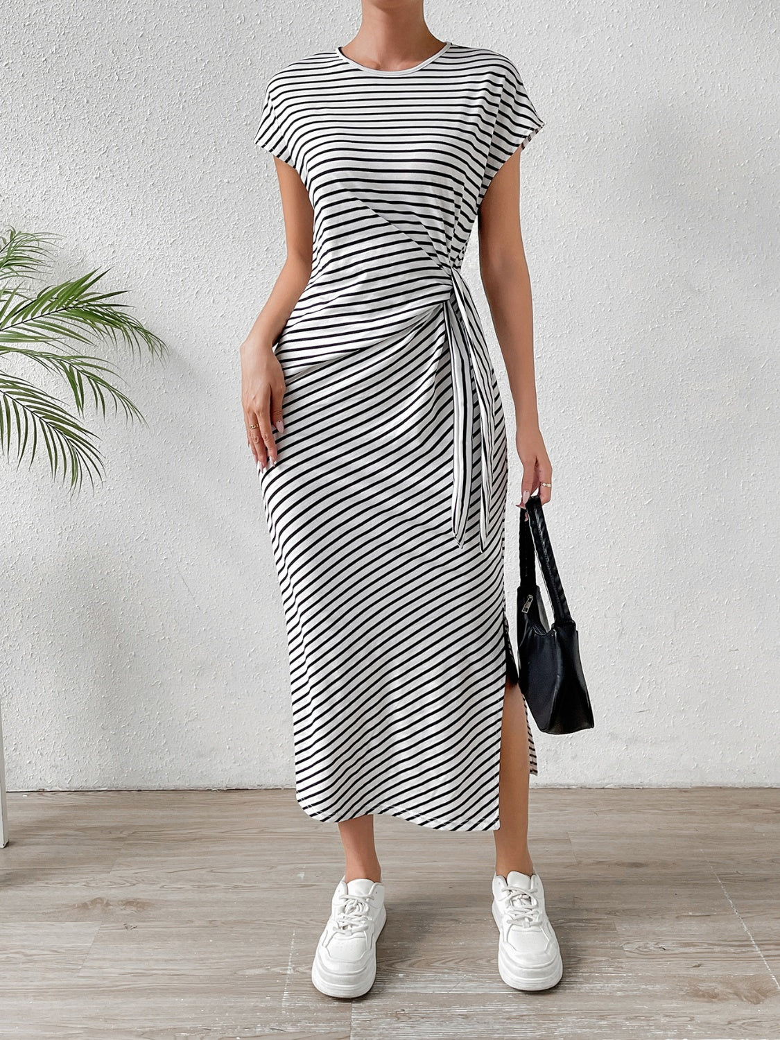 Tied Striped Round Neck Short Sleeve Tee Dress-Angel Casuals