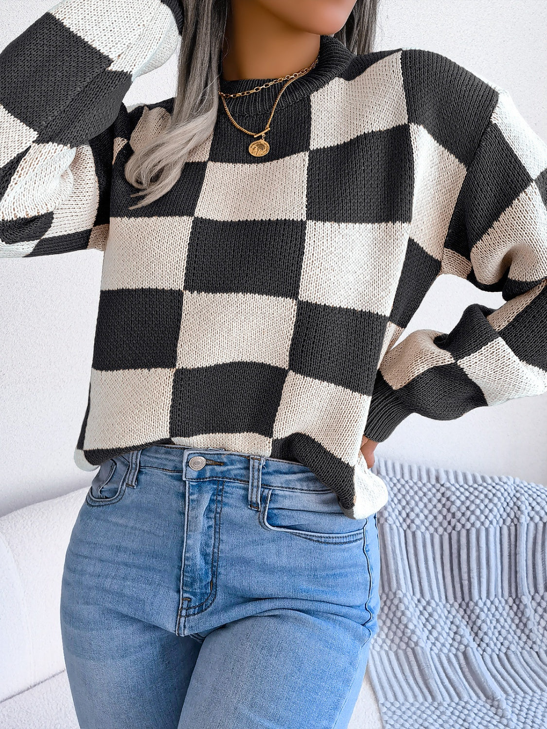 Checkered Mock Neck Long Sleeve Sweater-Angel Casuals