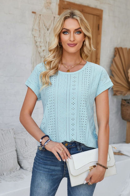 Eyelet Round Neck Rolled Short Sleeve T-Shirt-Angel Casuals