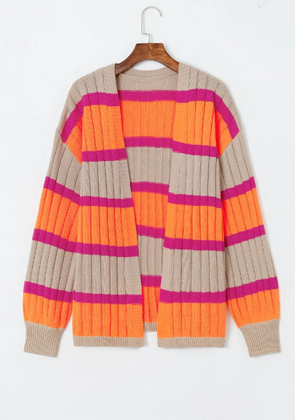 Contrast Striped Drop Shoulder Open Front Cardigan-Angel Casuals