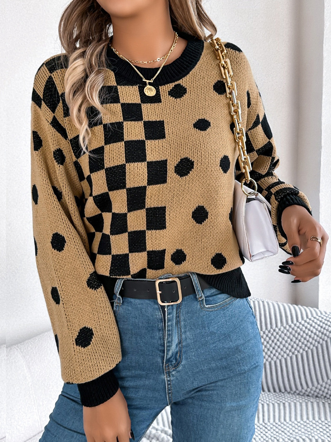 Plaid Round Neck Long Sleeve Sweater-Angel Casuals