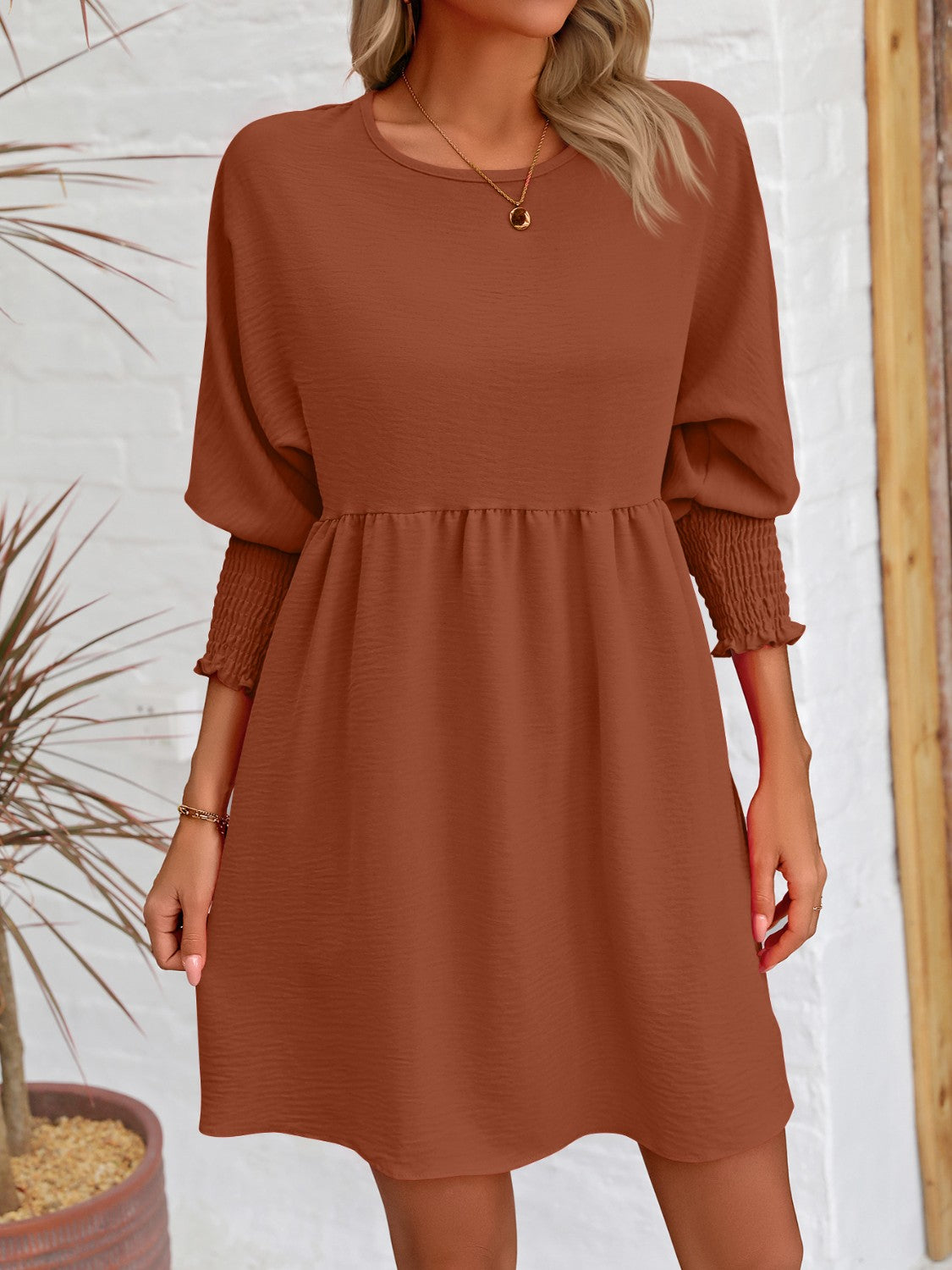 Round Neck Lantern Sleeve Mini Dress-Angel Casuals