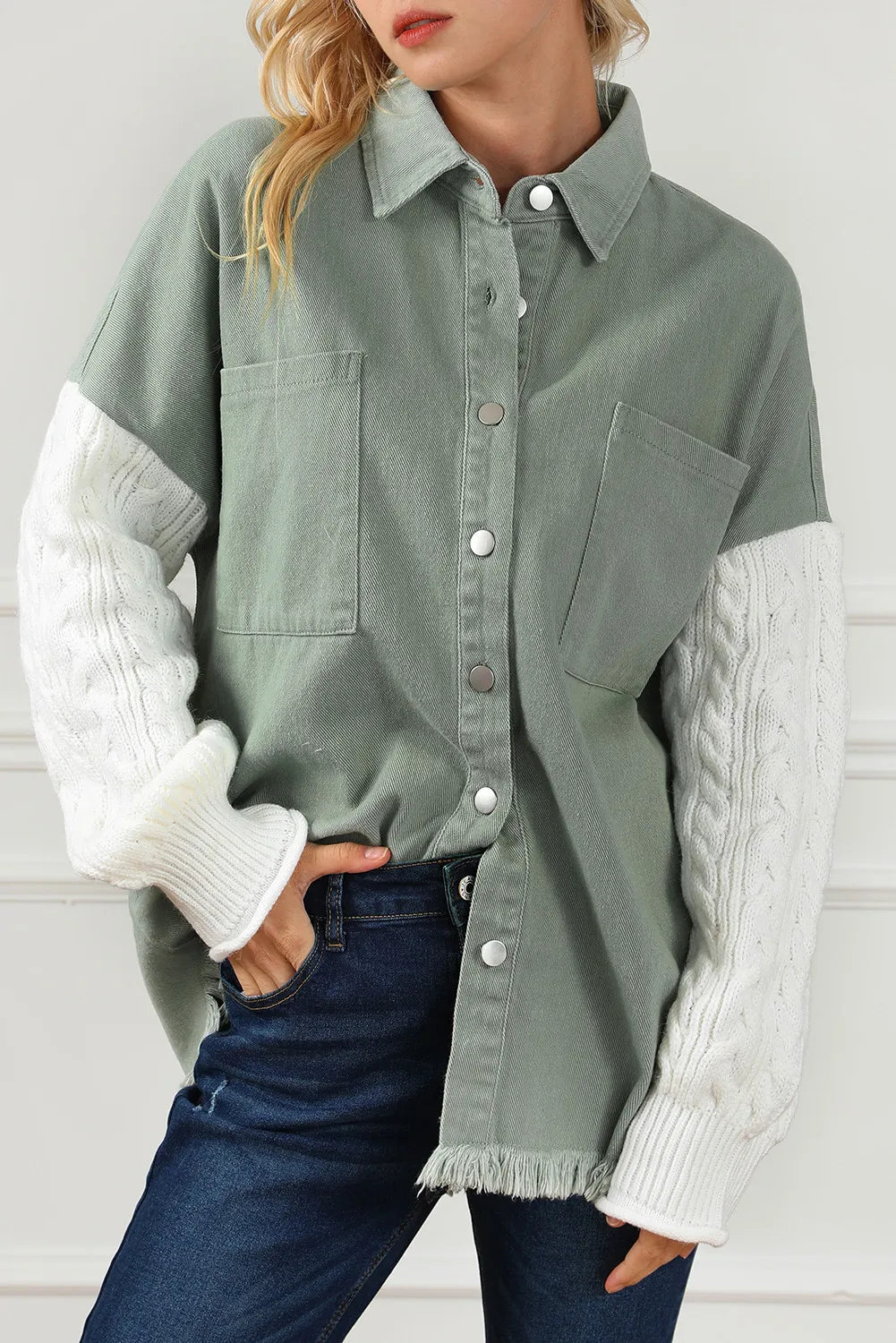 Raw Hem Collared Neck Button Up Long Sleeve Jacket-Angel Casuals