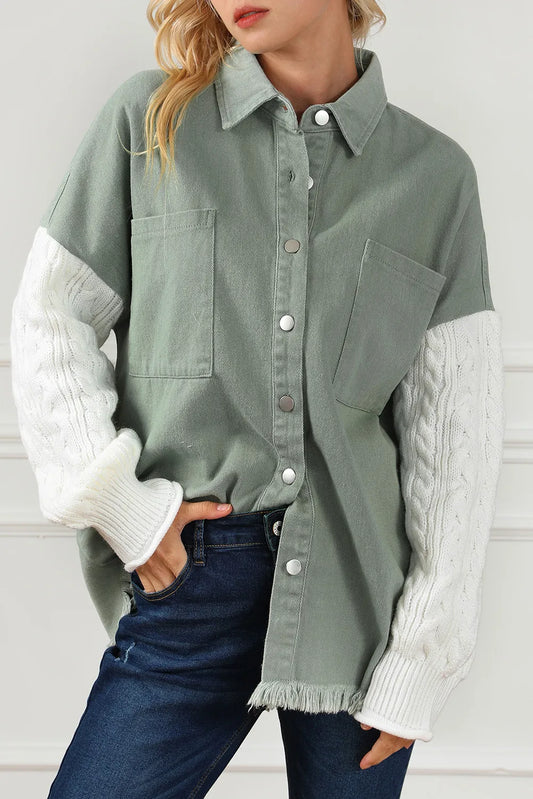 Raw Hem Collared Neck Button Up Long Sleeve Jacket-Angel Casuals