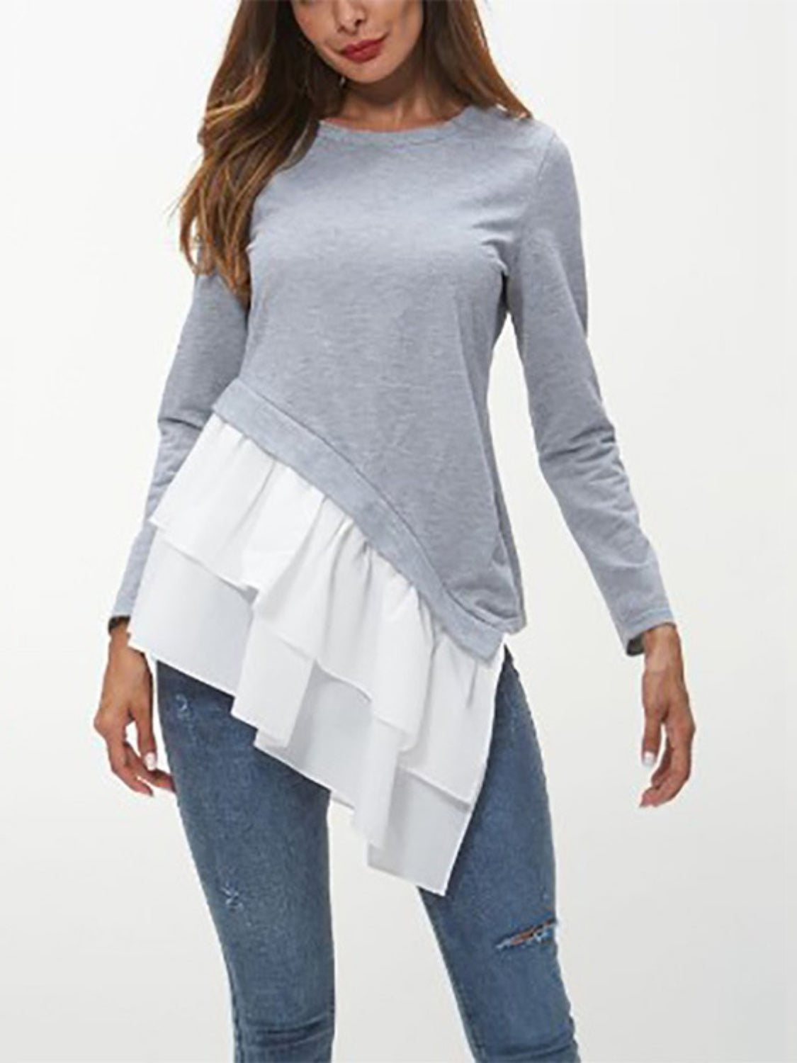 Tiered Contrast Round Neck Long Sleeve T-Shirt-Angel Casuals