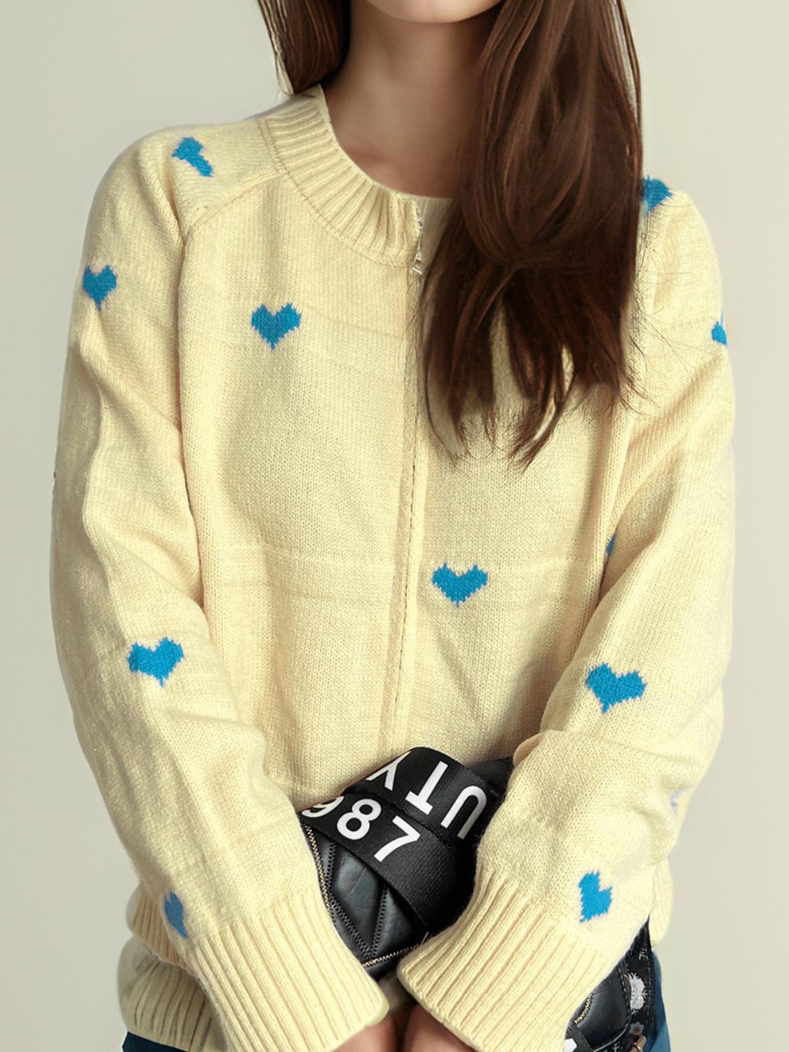 Heart Round Neck Zip Up Cardigan-Angel Casuals