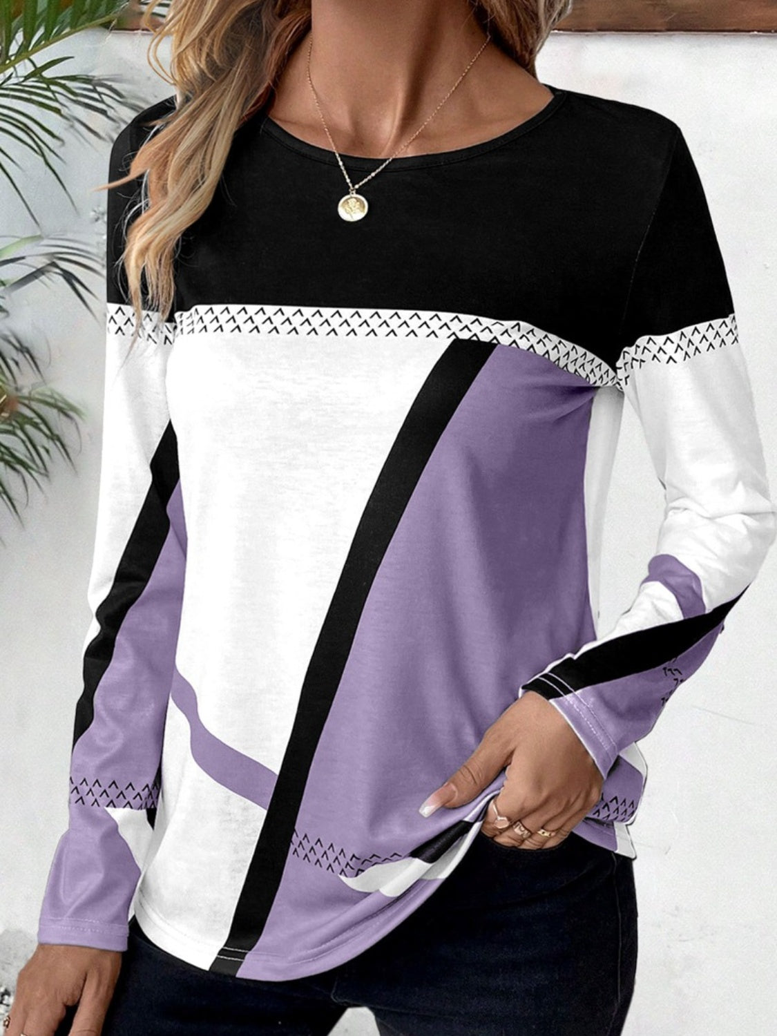 Contrast Round Neck Long Sleeve T-Shirt-Angel Casuals