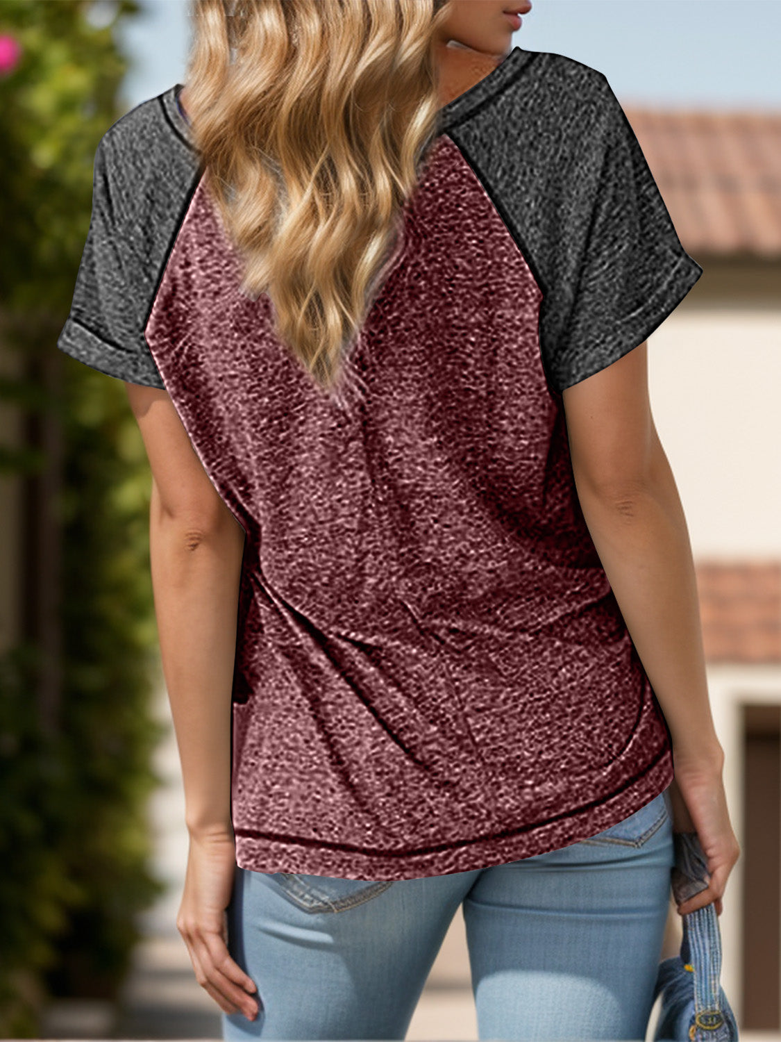 Contrast Notched Short Sleeve T-Shirt-Angel Casuals