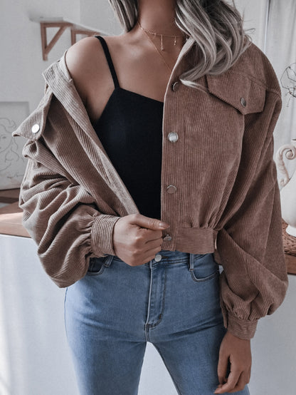 Lantern Sleeve Cropped Corduroy Jacket-Angel Casuals