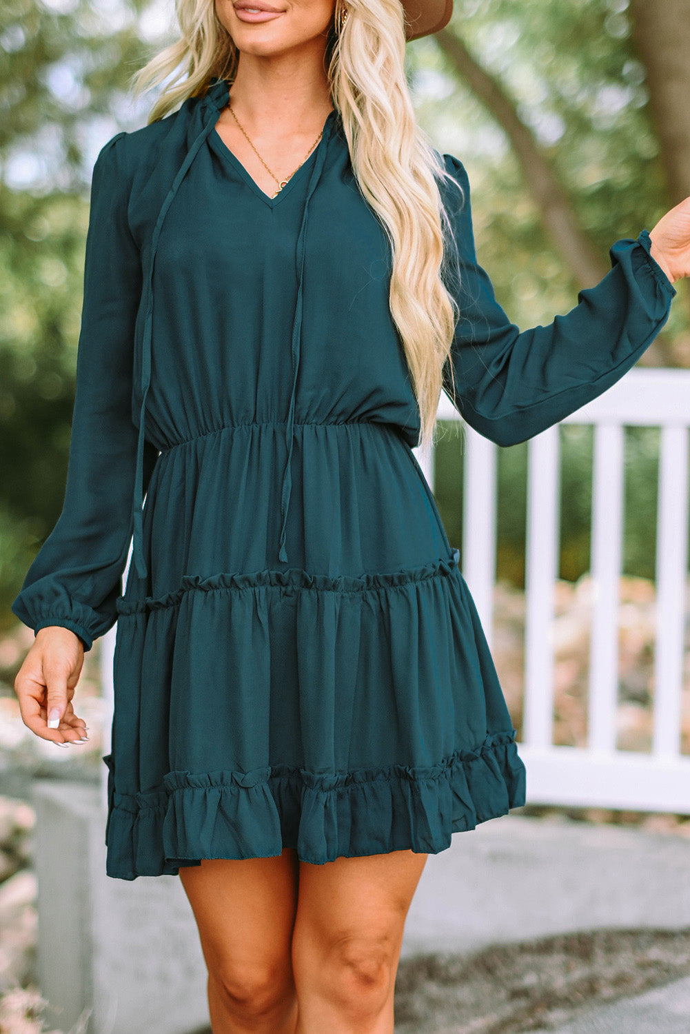 Frill Tie Neck Balloon Sleeve Dress-Angel Casuals