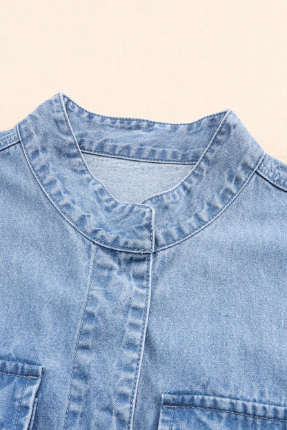 Drawstring Snap Down Denim Jacket with Chest Pockets-Angel Casuals