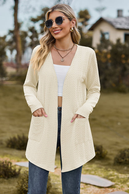 Cable-Knit Long Sleeve Cardigan with Pocket-Angel Casuals