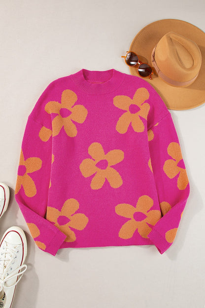 Flower Round Neck Long Sleeve Sweater-Angel Casuals