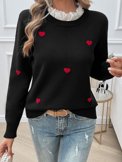 Devine Lace Detail Heart Long Sleeve Sweater-Angel Casuals