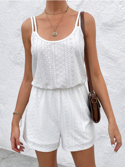 Eyelet Scoop Neck Double Spaghetti Straps Romper-Angel Casuals