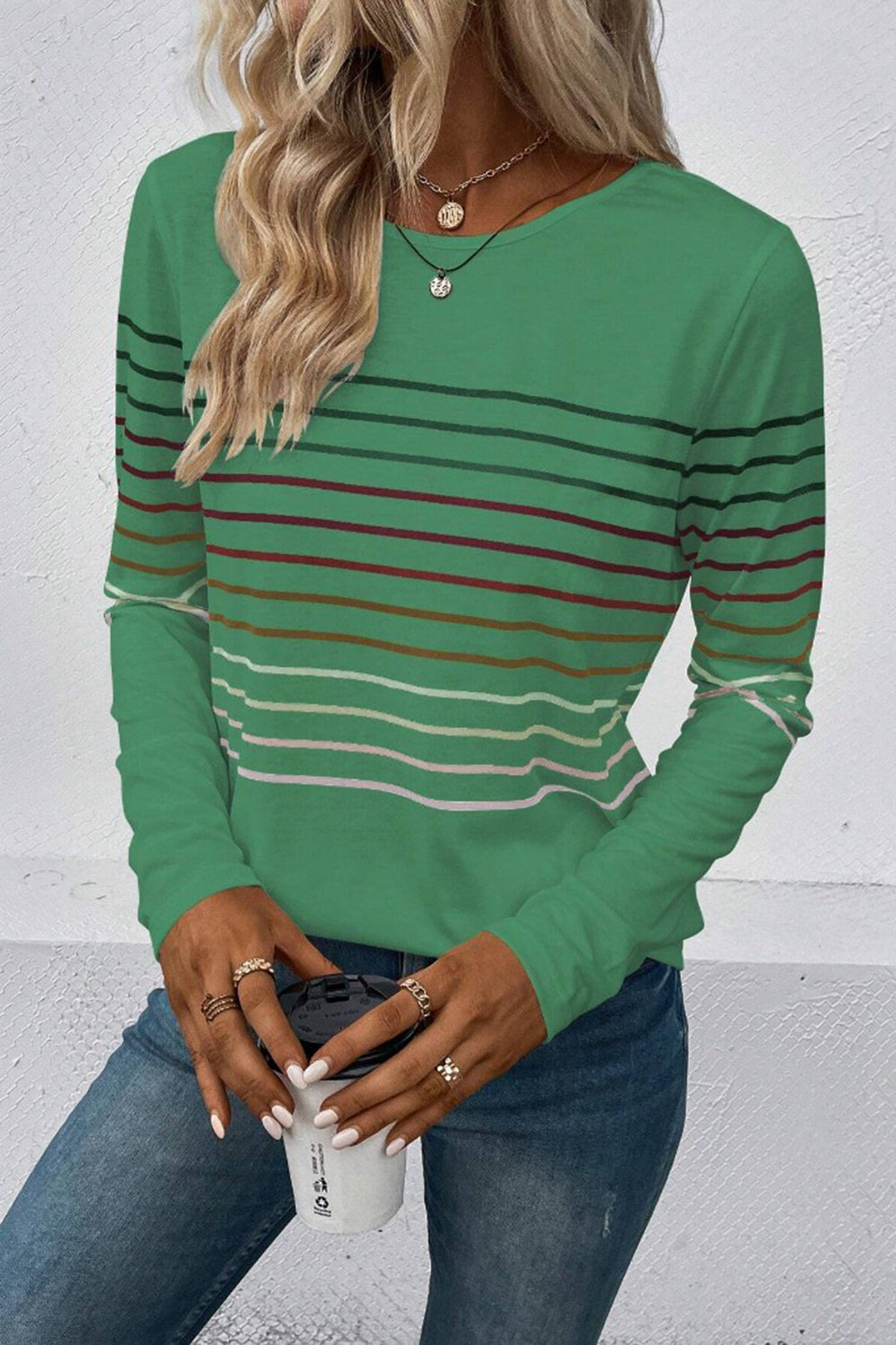 Striped Round Neck Long Sleeve T-Shirt-Angel Casuals
