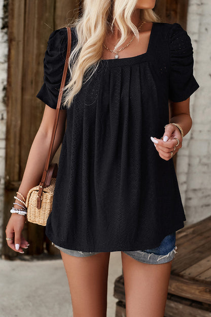Eyelet Square Neck Puff Sleeve T-Shirt-Angel Casuals