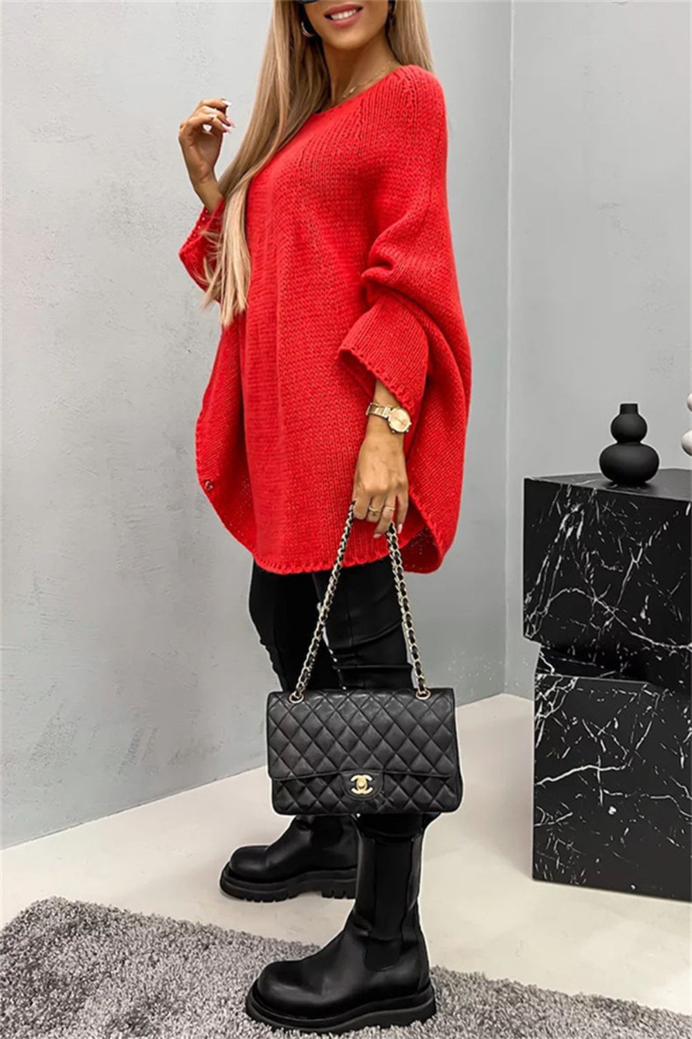 Round Neck Batwing Sleeve Sweater-Angel Casuals