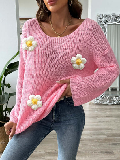 Flower Round Neck Long Sleeve Sweater-Angel Casuals