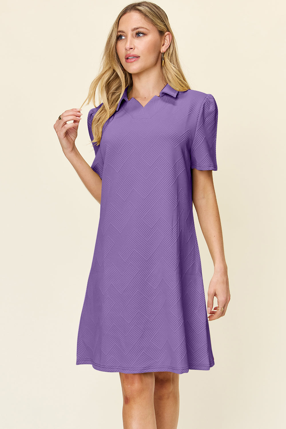 Double Take Full Size Texture Collared Neck Short Sleeve Dress-Angel Casuals