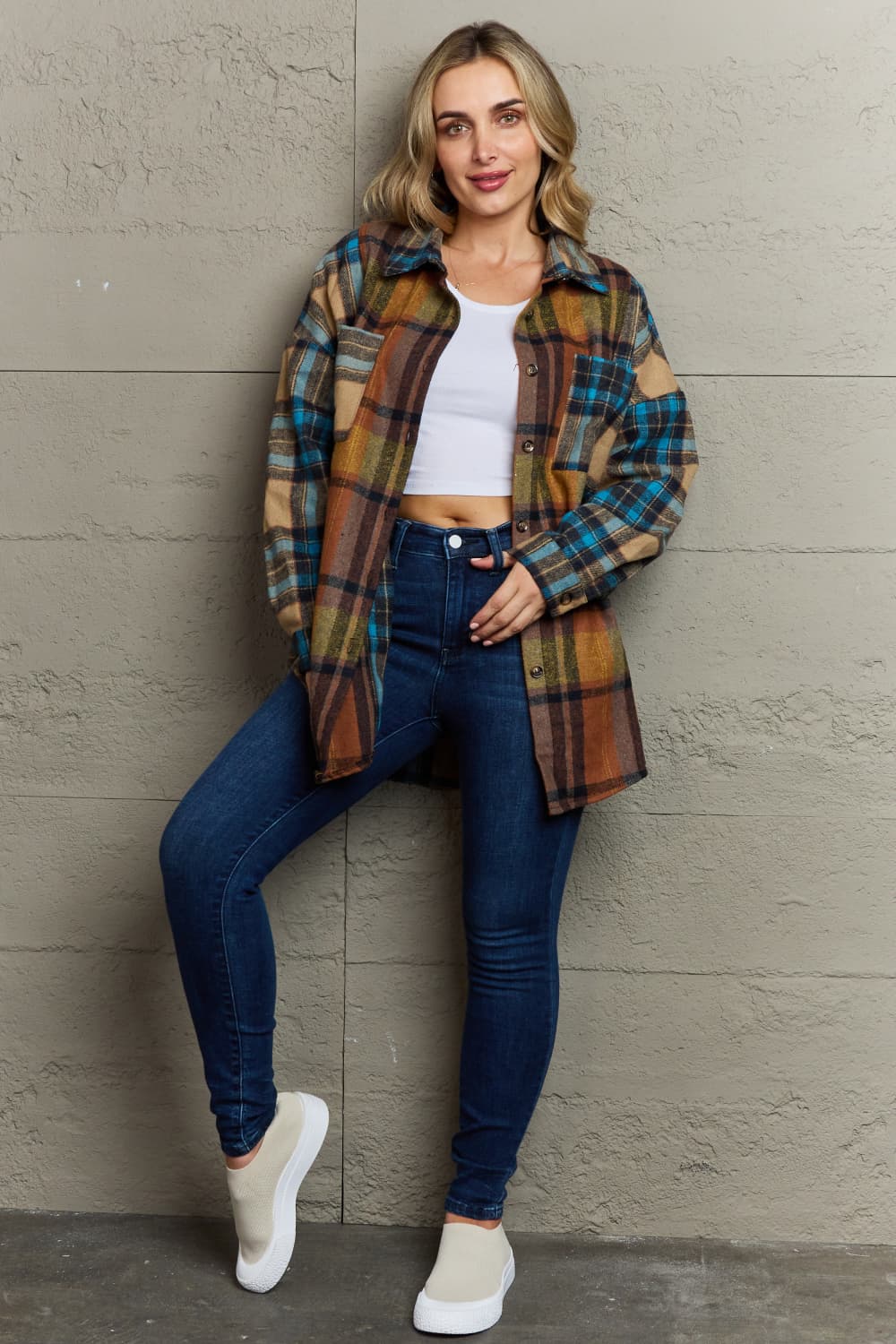 Double Take Plaid Curved Hem Shirt Jacket with Breast Pockets-Angel Casuals