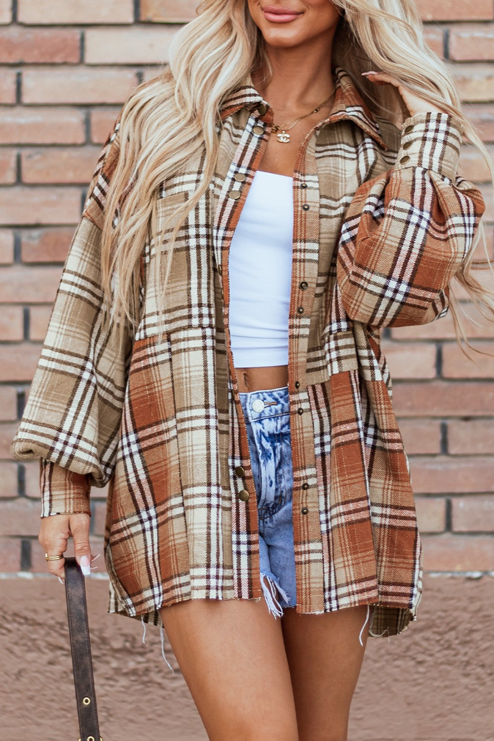 Plaid Snap Down Dropped Shoulder Shacket-Angel Casuals