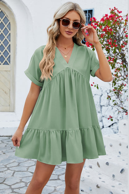 Ruched Tiered V-Neck Short Sleeve Mini Dress-Angel Casuals