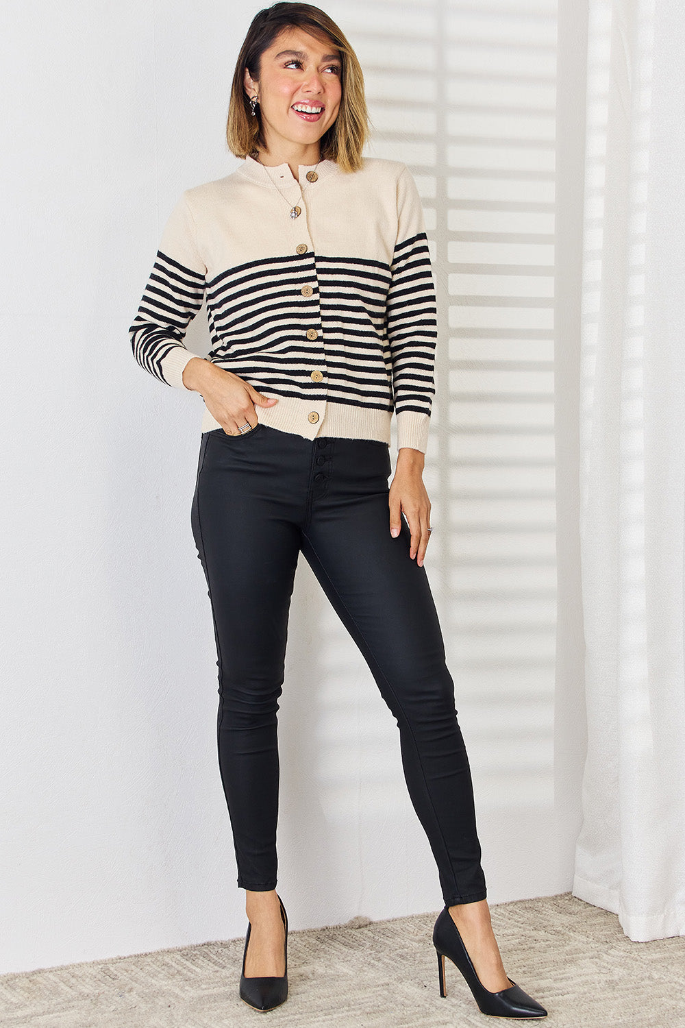 Striped Button Up Long Sleeve Cardigan-Angel Casuals