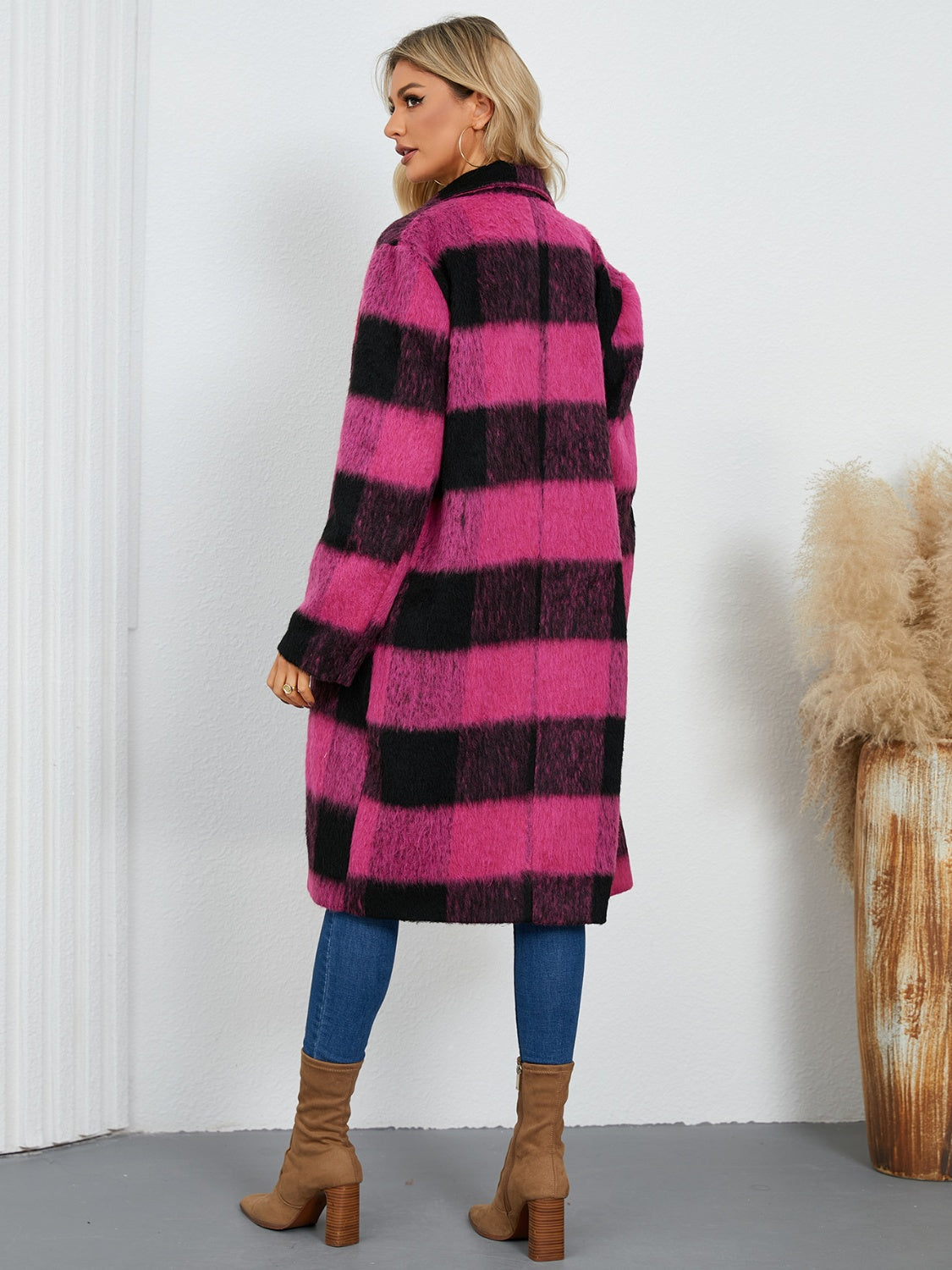 Plaid Double-Breasted Long Sleeve Coat-Angel Casuals