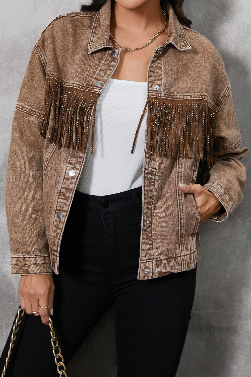 Fringe Trim Snap Down Denim Jacket-Angel Casuals