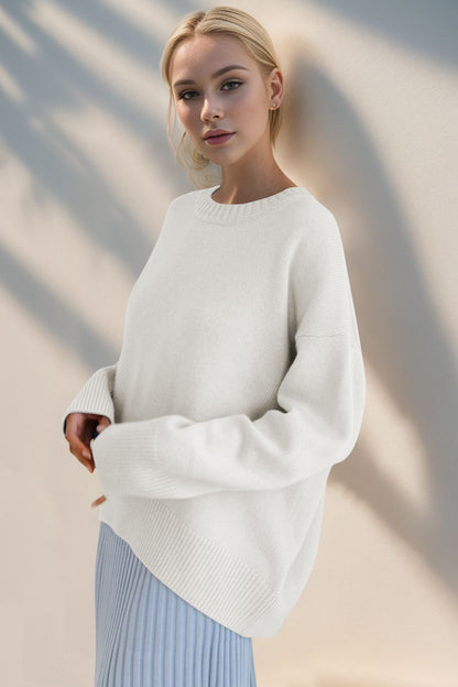 Basic Bae Round Neck Dropped Shoulder Sweater-Angel Casuals