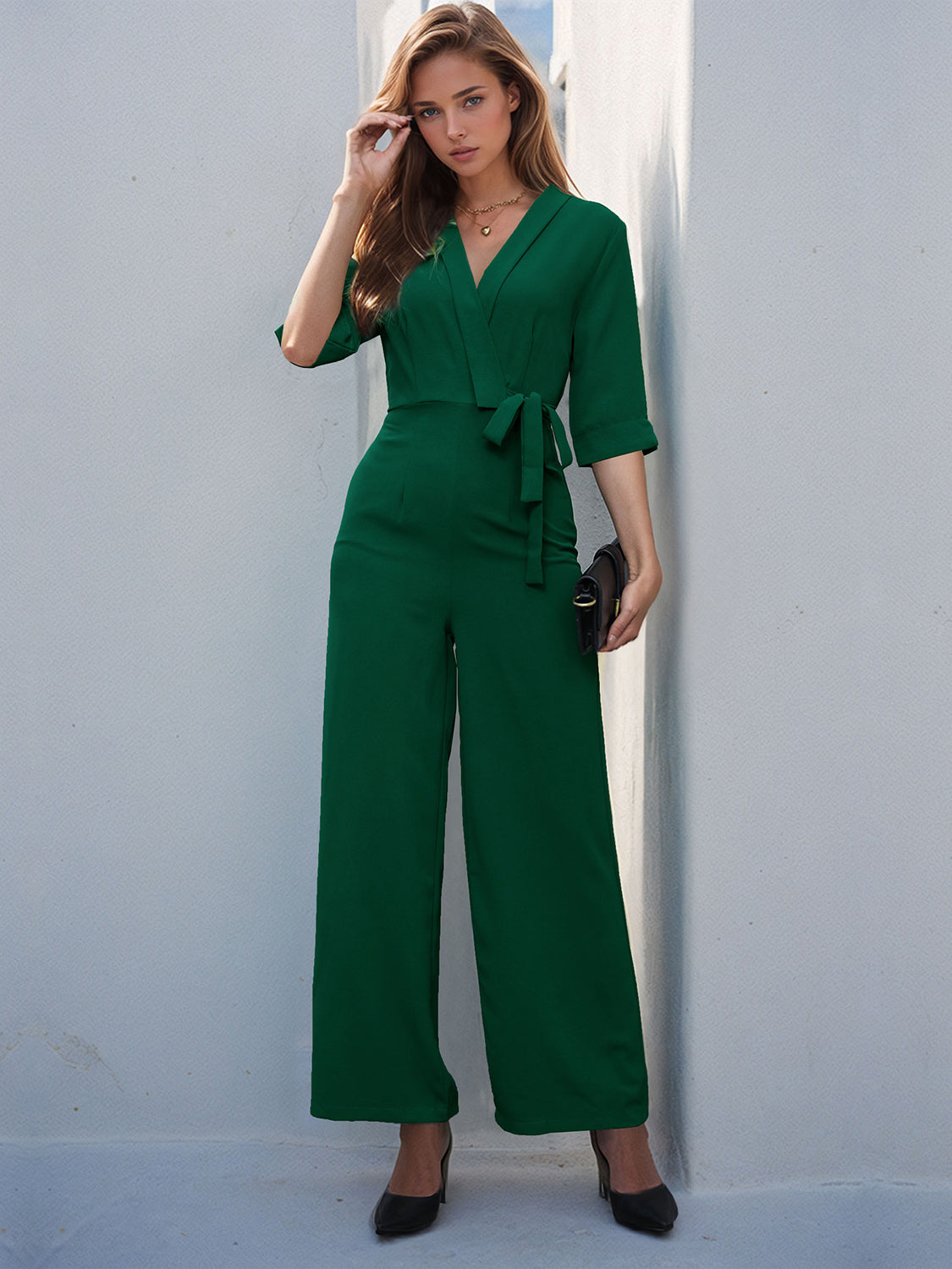 Surplice Half Sleeve Wide Leg Jumpsuit-Angel Casuals