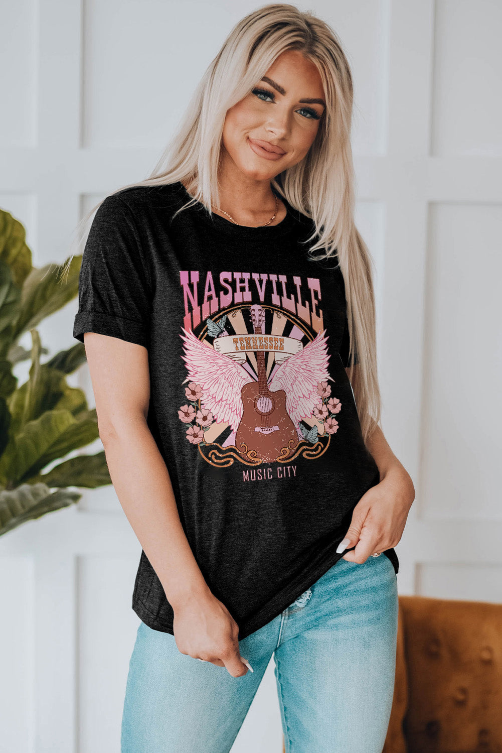 NASHVILLE TENNESSEE MUSIC CITY Graphic Round Neck Tee-Angel Casuals