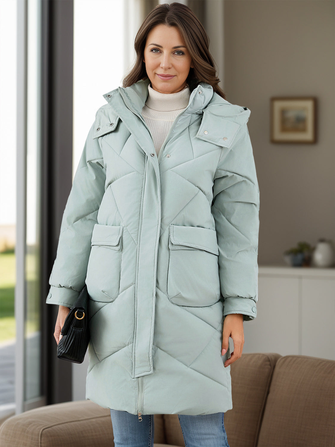Long Sleeve Longline Hooded Winter Coat with Pockets-Angel Casuals